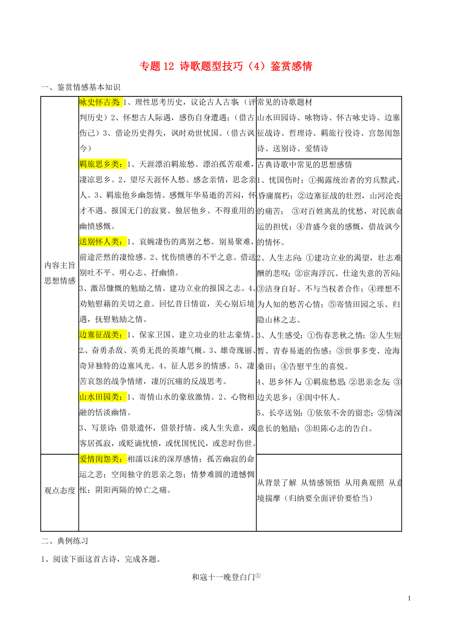 2019年高三語文 詩歌鑒賞要點(diǎn)十講 專題12 詩歌題型技巧（4）鑒賞感情（含解析）_第1頁