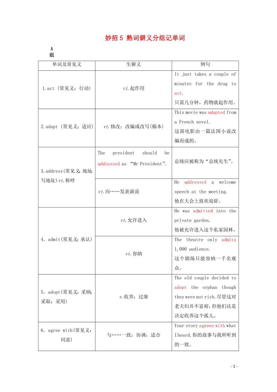 2020屆高考英語二輪復(fù)習(xí) 閱讀中的常見詞匯 妙招5 熟詞僻義分組記單詞學(xué)案_第1頁