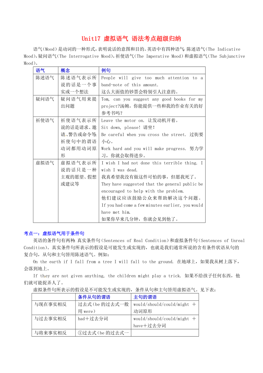 2015年高中英语 Unit17 虚拟语气 语法考点超级归纳素材_第1页