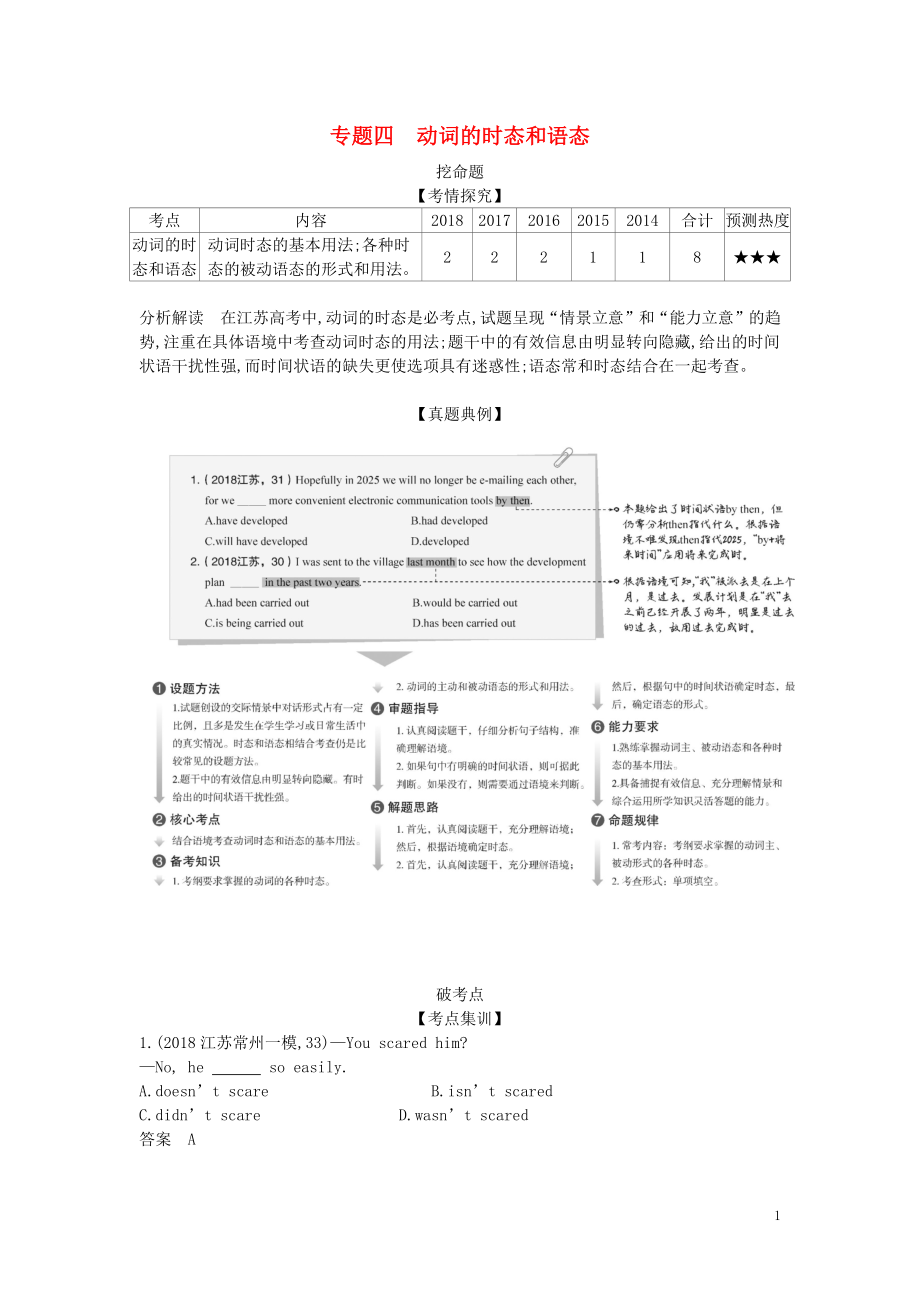 （5年高考3年模擬A版）江蘇省2020年高考英語總復(fù)習(xí) 專題四 動詞的時態(tài)和語態(tài)學(xué)案（含解析）_第1頁