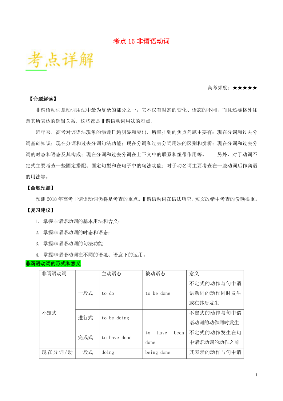 備戰(zhàn)2019年高考英語 考點(diǎn)一遍過 考點(diǎn)15 非謂語動詞（含解析）_第1頁