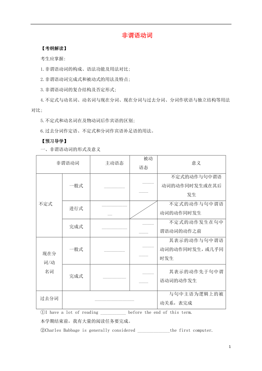 2017届高考英语二轮专题复习 非谓语动词导学案_第1页