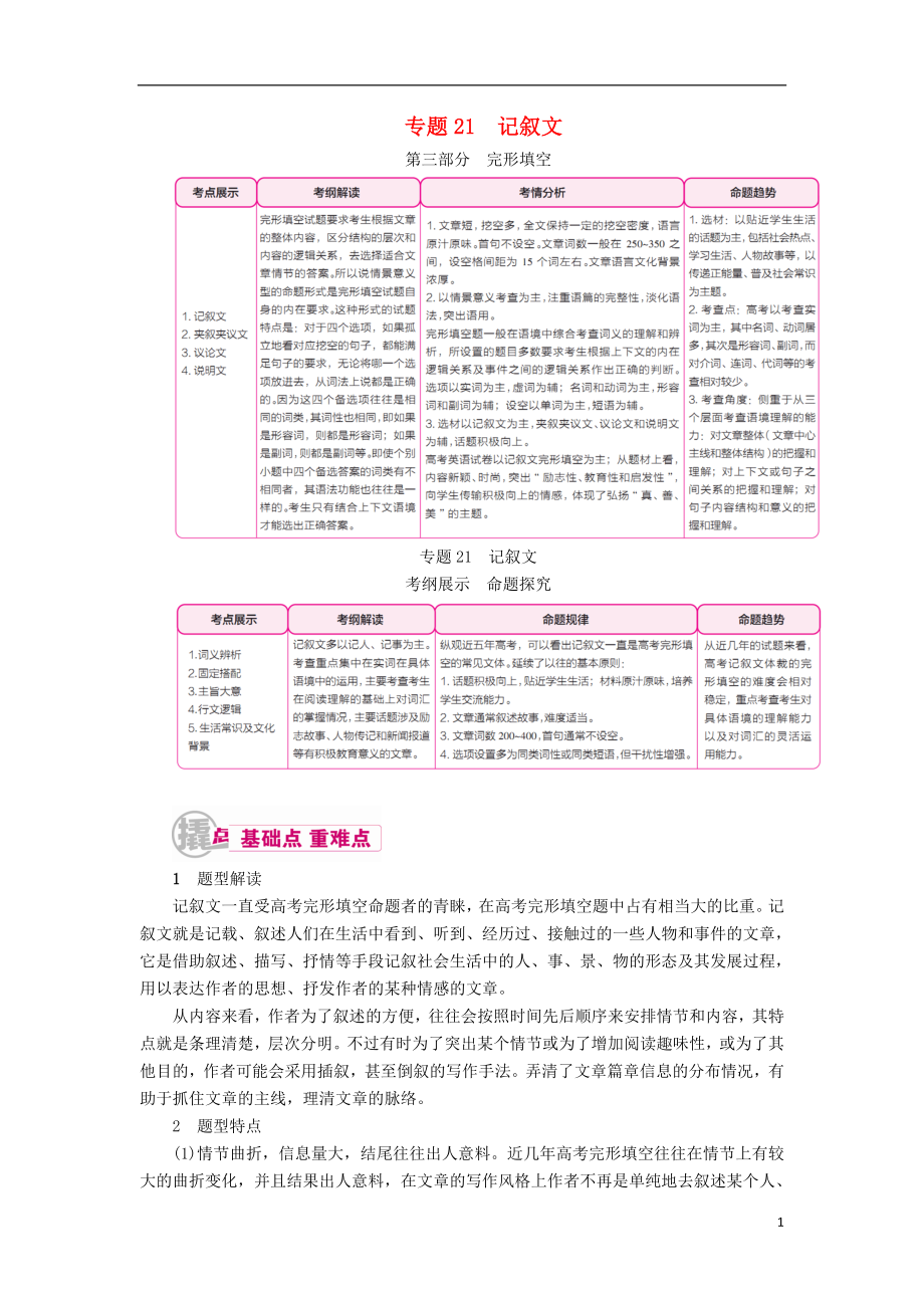 （课标通用）2017高考英语一轮复习 专题21 记叙文教学案_第1页