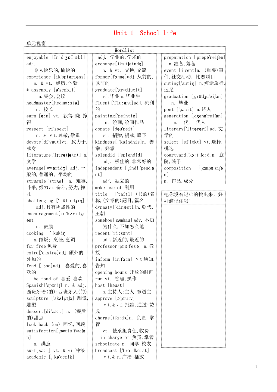 江蘇省新沂市第二中學(xué)高三英語 專題復(fù)習(xí) Unit 1 School life學(xué)案（無答案）牛津譯林版必修1_第1頁