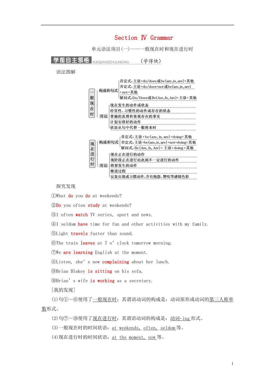 2017-2018學(xué)年高中英語 Unit 1 Lifestyles Section Ⅳ Grammar教學(xué)案 北師大版必修1_第1頁