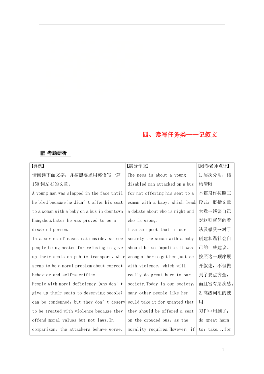 （江蘇專用）2019高考英語(yǔ)二輪增分策略 專題五 書(shū)面表達(dá) 第二節(jié) 分類突破 四 讀寫(xiě)任務(wù)類-記敘文優(yōu)選習(xí)題_第1頁(yè)