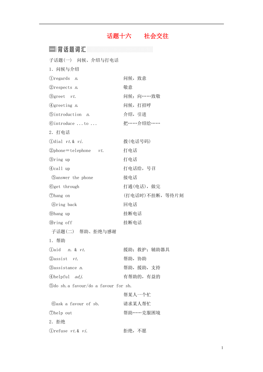 2017届高考英语一轮复习 话题晨背 日积月累增分无形 话题十六 社会交往素材 新人教版_第1页