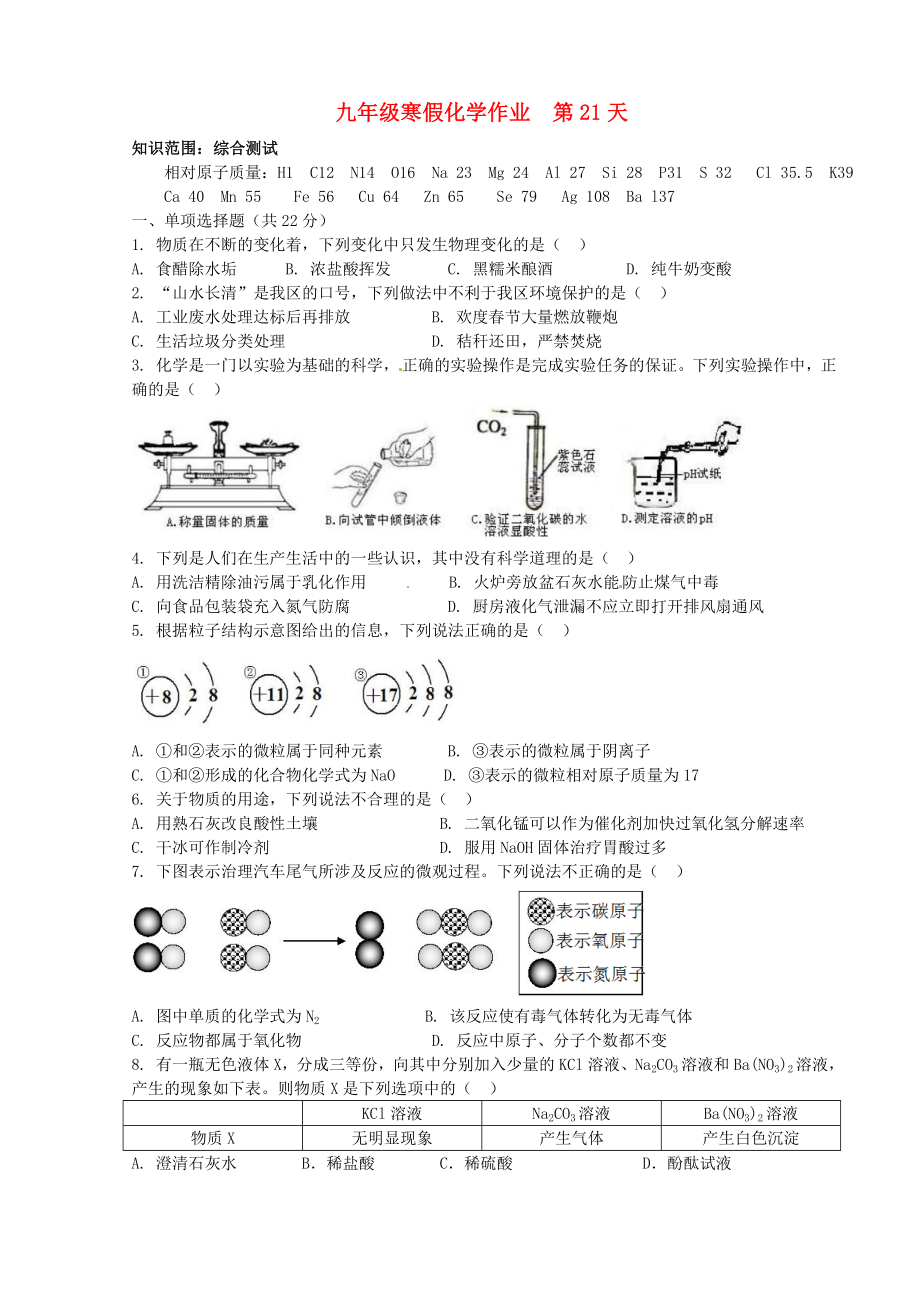 山東省濟(jì)南市長(zhǎng)清區(qū)雙泉中學(xué)九年級(jí)化學(xué)上學(xué)期寒假作業(yè)第21天無(wú)答案魯教版_第1頁(yè)