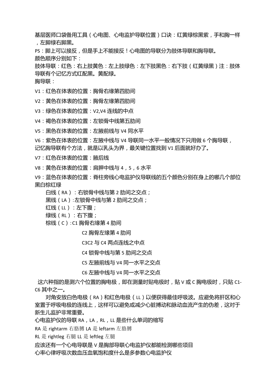 基层医师口袋备用工具(心电图心电监护导联位置)_第1页