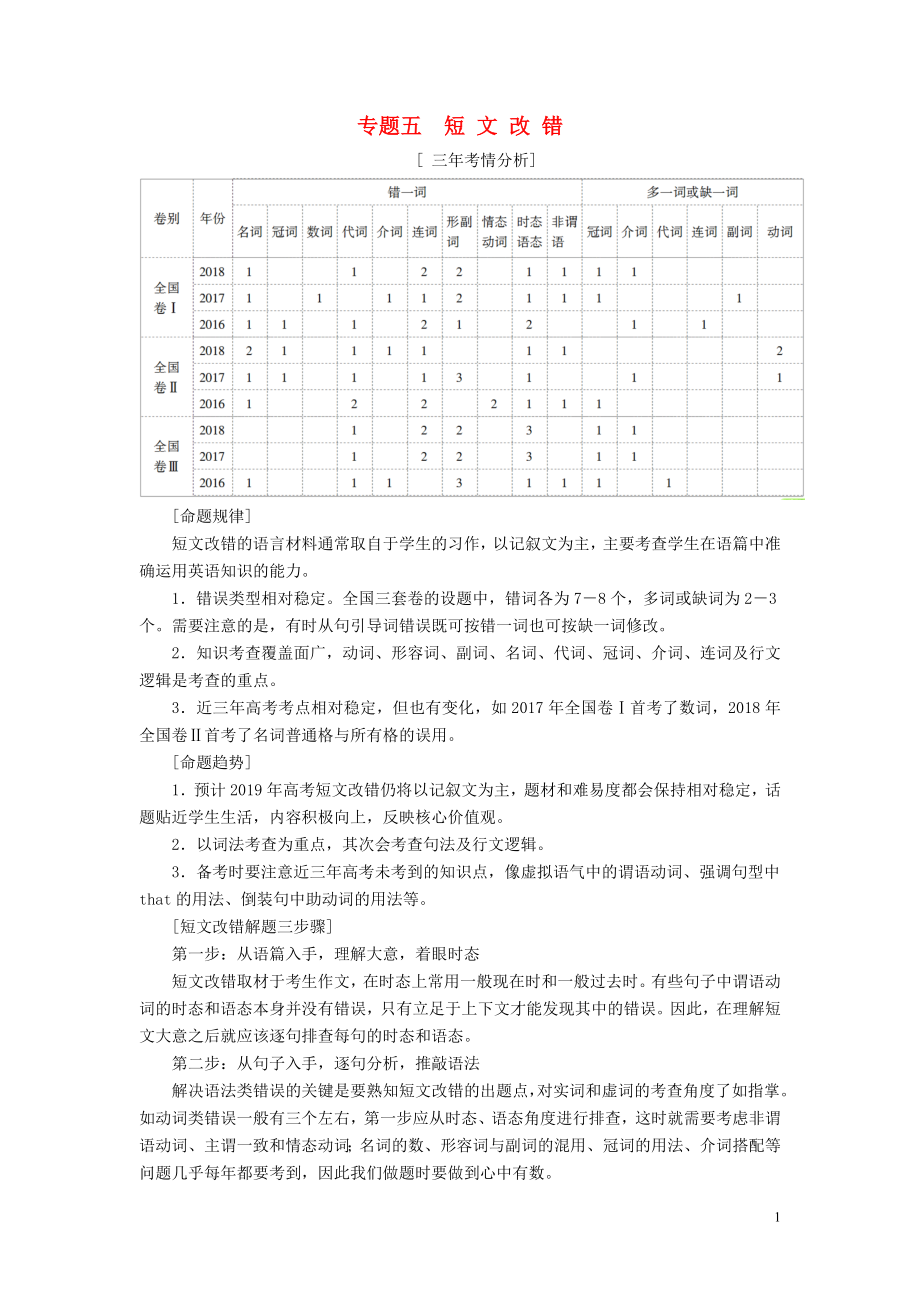 2019版高考英語二輪復(fù)習(xí) 第3板塊 專題5 短文改錯(cuò)學(xué)案（含解析）_第1頁