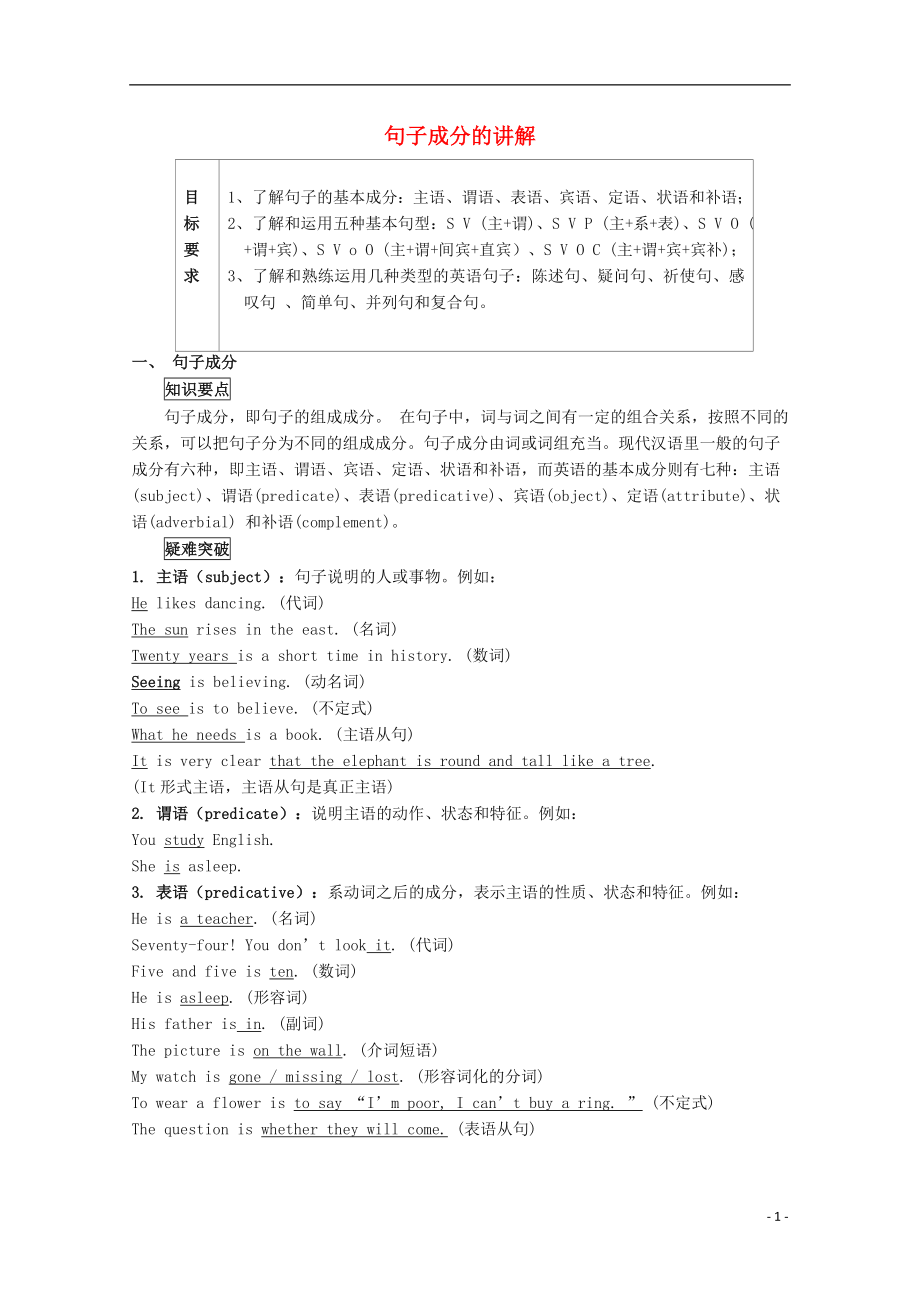 2016屆高考英語 基礎(chǔ)知識練習(xí) 句子成分的講解素材_第1頁