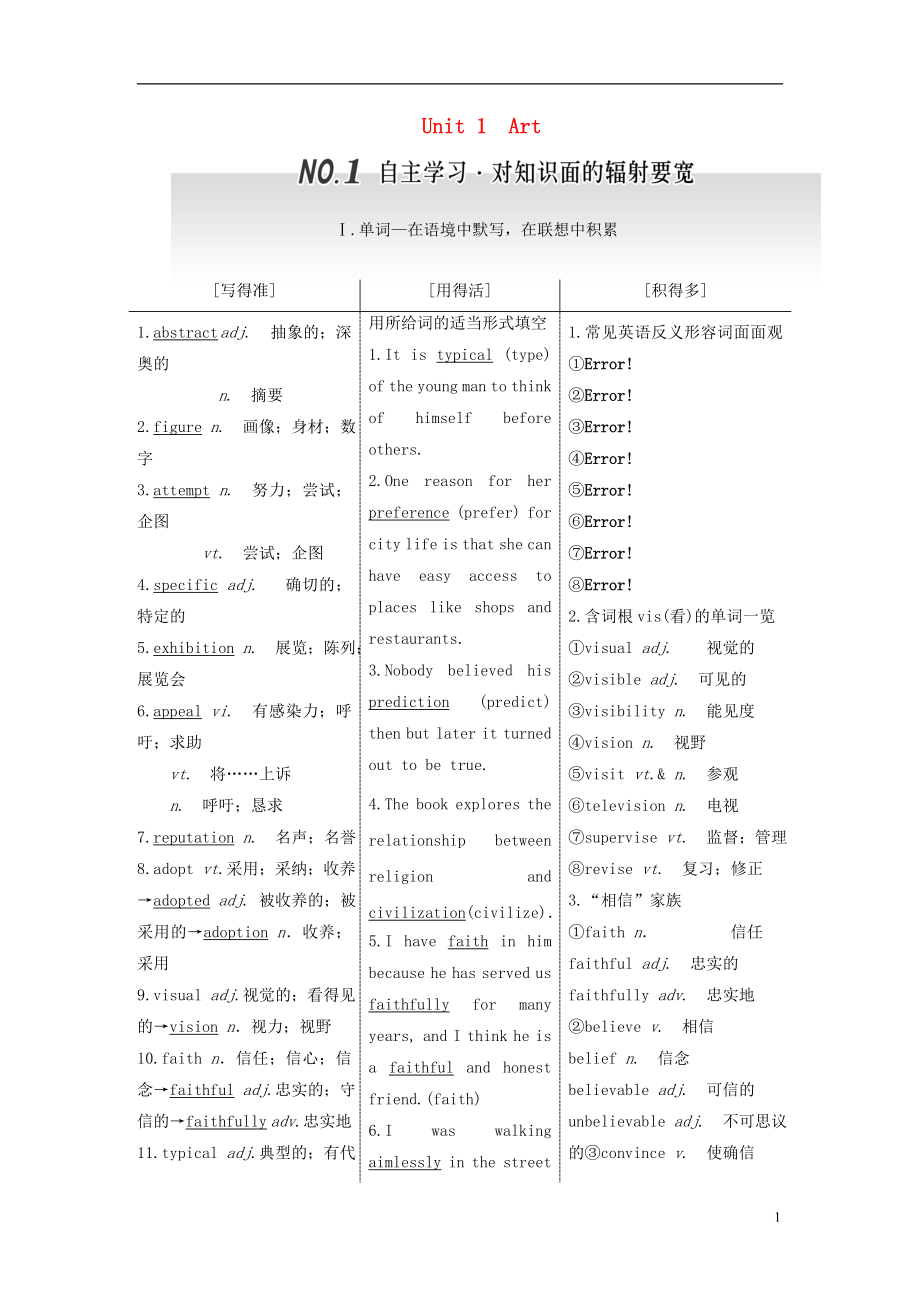 2017屆高考英語(yǔ)一輪復(fù)習(xí) Unit 1 Art導(dǎo)學(xué)案 新人教版選修6_第1頁(yè)