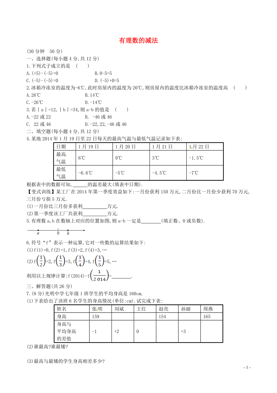 山东省新泰市龙廷镇中心学校2015-2016学年六年级数学上册 第二章 有理数及其运算课时提升作业9 鲁教版五四制_第1页