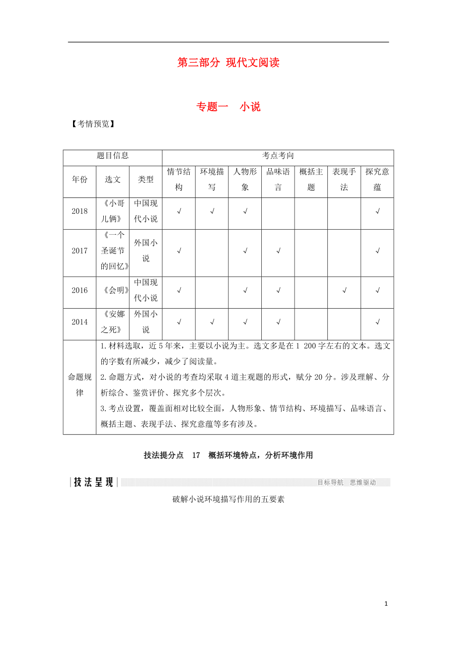 （江蘇專用）2019高考語文二輪培優(yōu) 第三部分 現(xiàn)代文閱讀 專題一 小說 技法提分點17 概括環(huán)境特點分析環(huán)境作用_第1頁