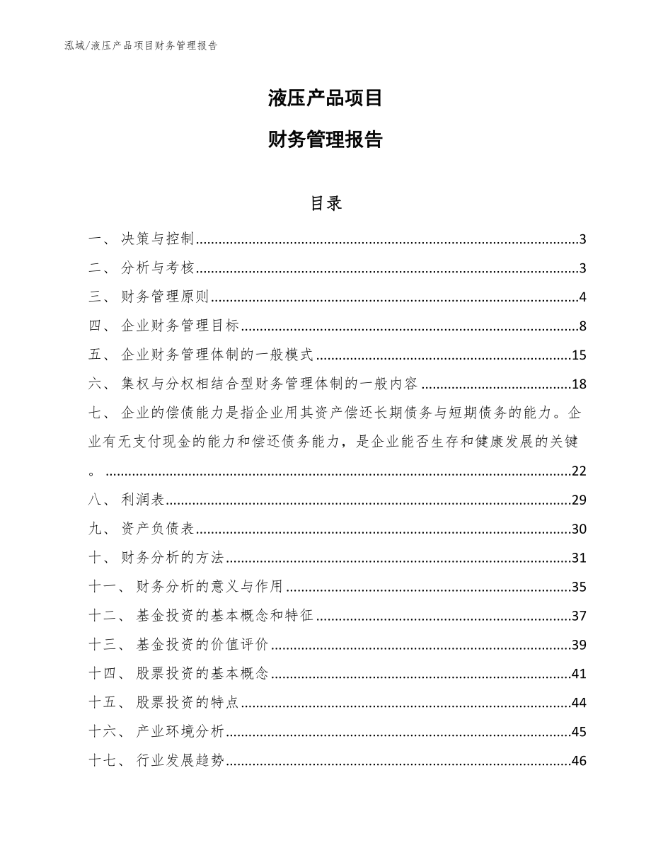 液压产品项目财务管理报告（范文）_第1页