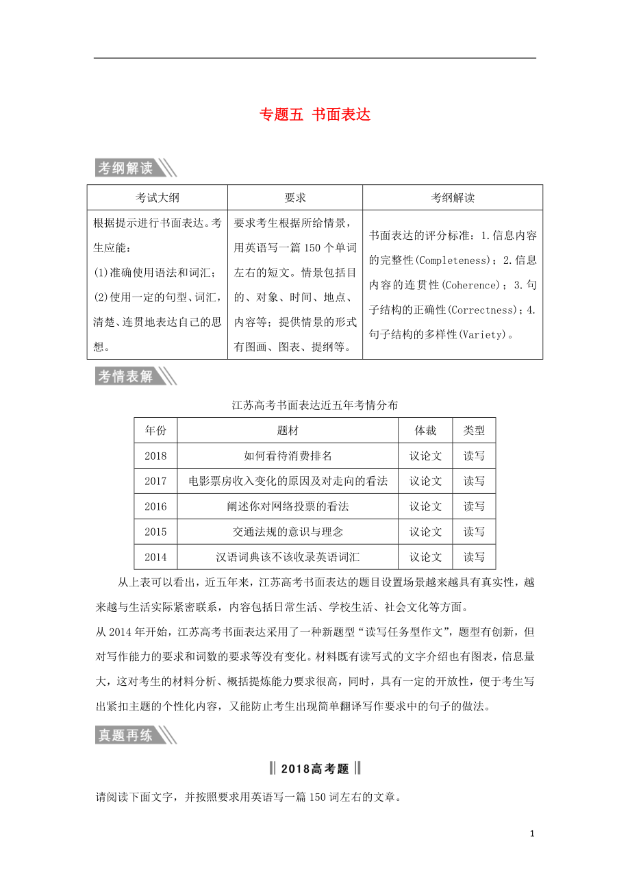 （江苏专用）2019高考英语二轮培优复习 专题五 书面表达习题_第1页