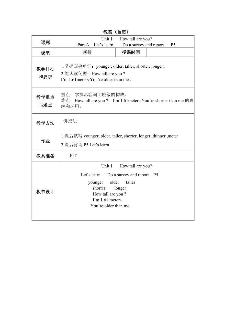 六年級下冊英語教案--Unit 1How tall are you？Part ALet’s learnDo a survey and report人教（PEP）（2014秋）_第1頁