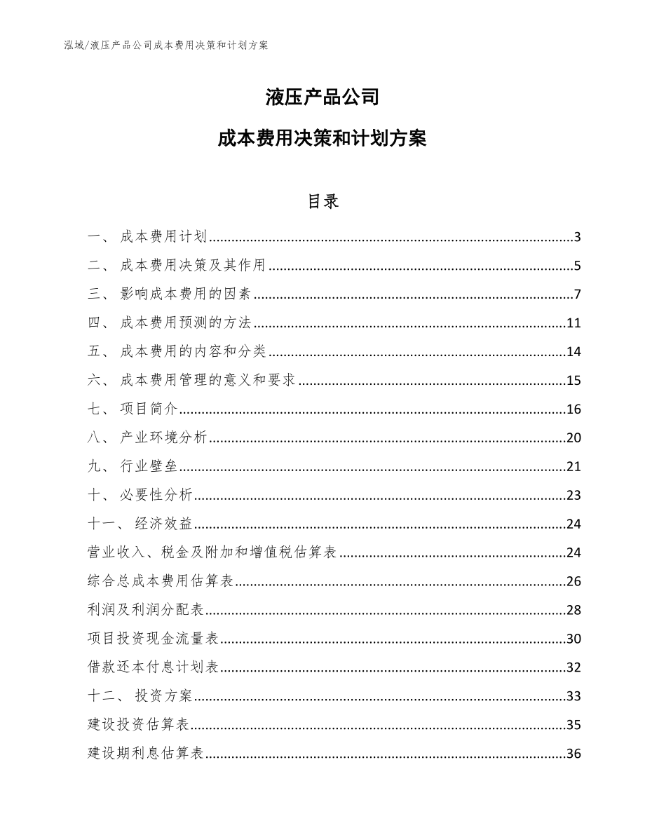 液压产品公司成本费用决策和计划方案_范文_第1页