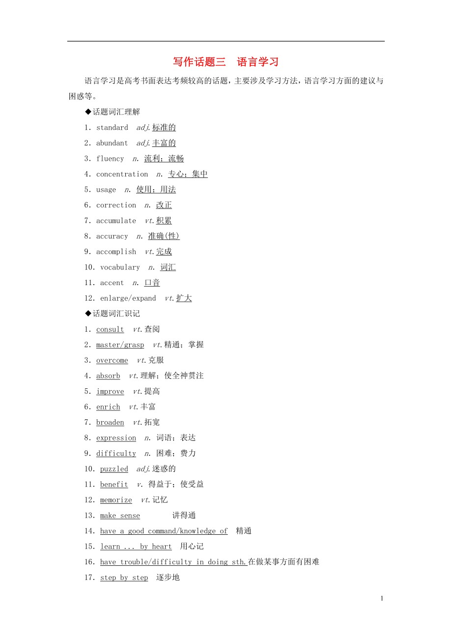 2019版高考英語一輪復習 寫作話題 3 語言學習 新人教版_第1頁