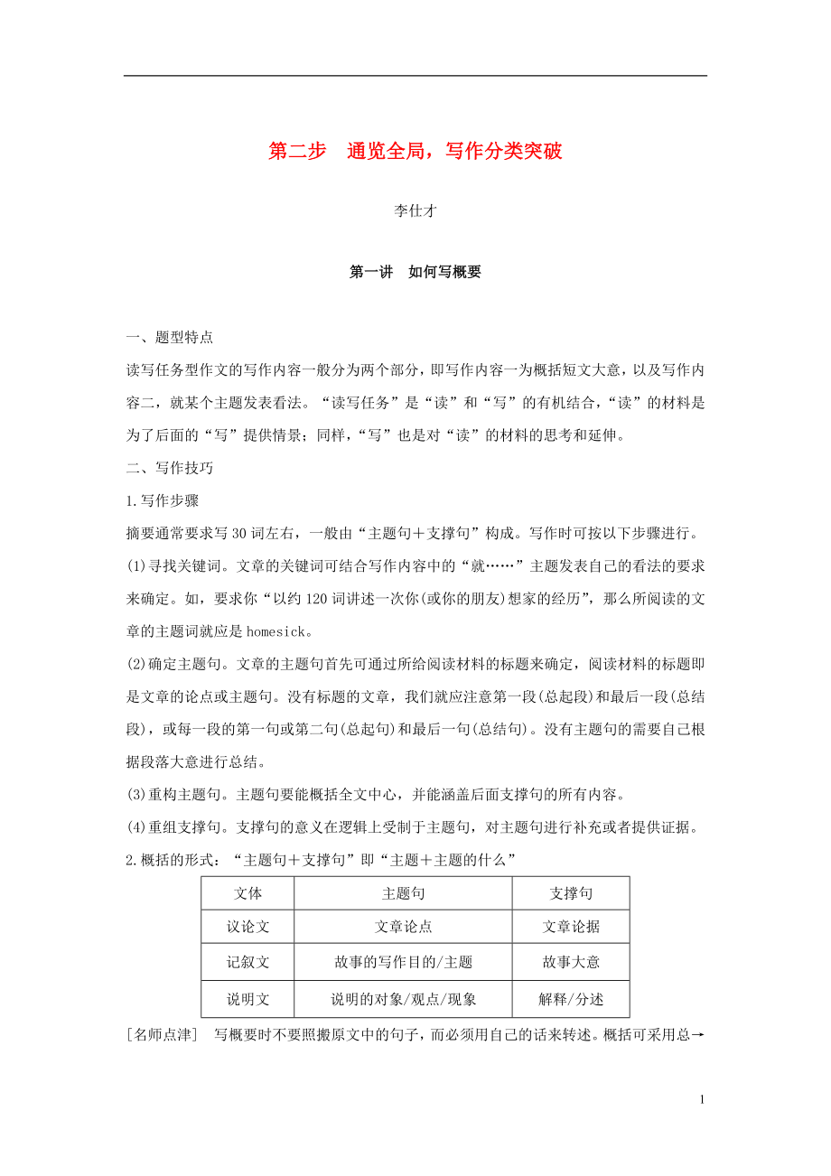 江苏省2019高考英语 第三部分 写作层级训练 第二步 通览全局写作分类突破 第一讲 如何写概要（讲解）_第1页