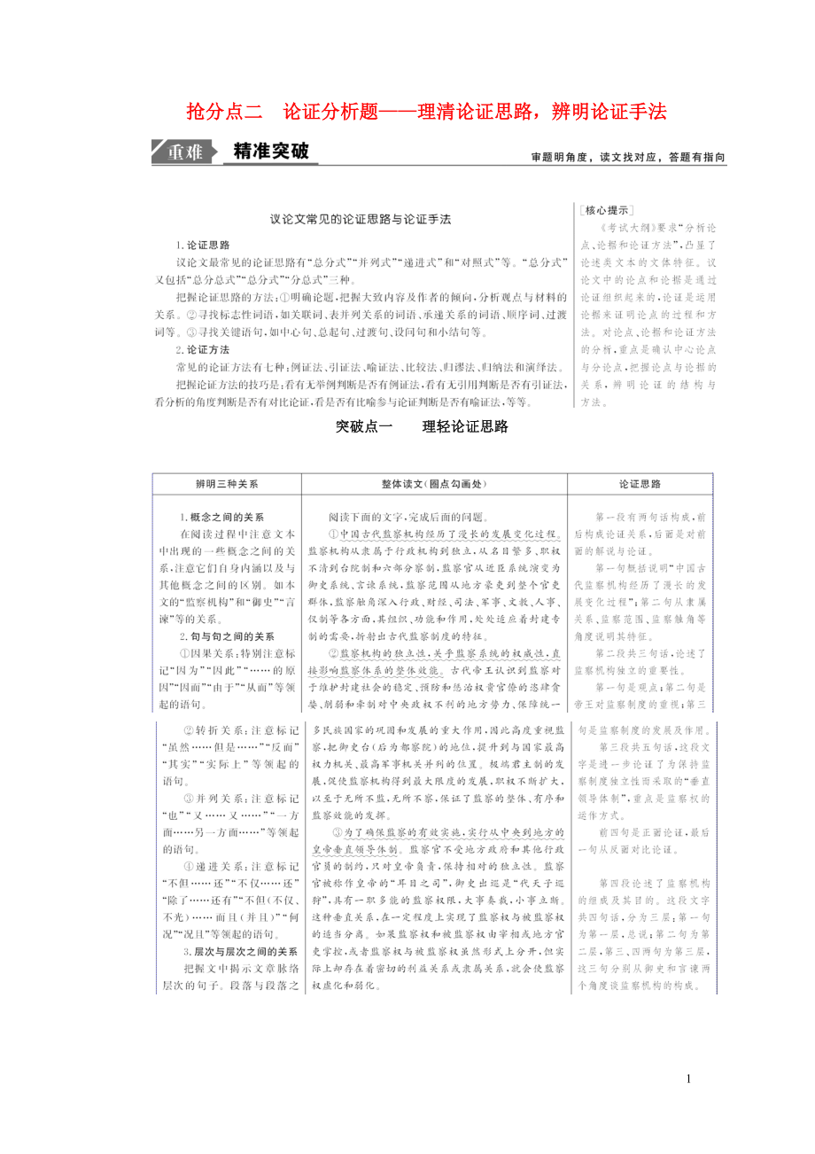 2019年高考语文高分技巧二轮复习 专题一 抢分点二 论证分析题讲义（含解析）_第1页