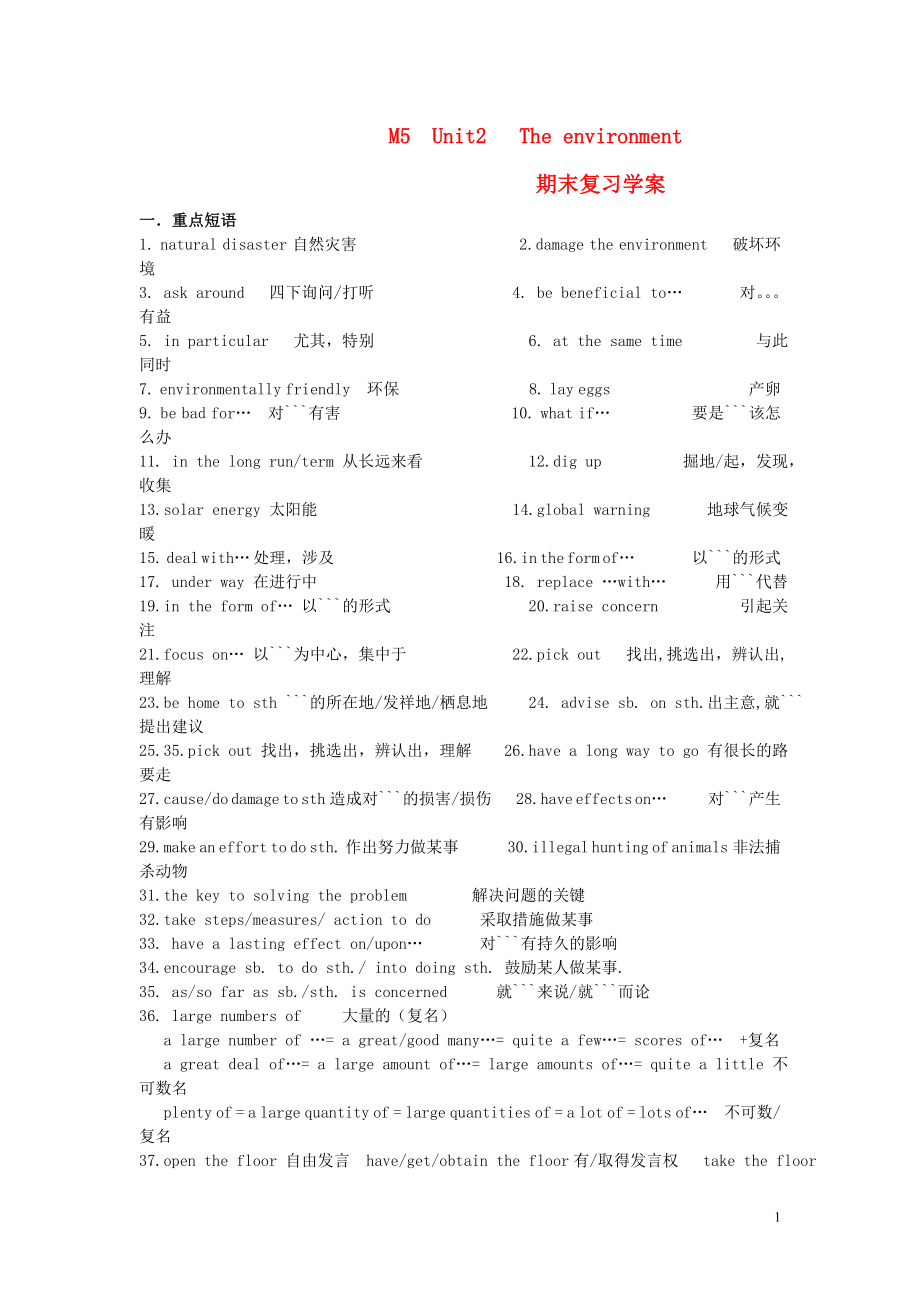 江蘇省贛榆縣智賢中學(xué)高中英語 Unit2 The environment復(fù)習(xí)學(xué)案 譯林牛津版必修5_第1頁