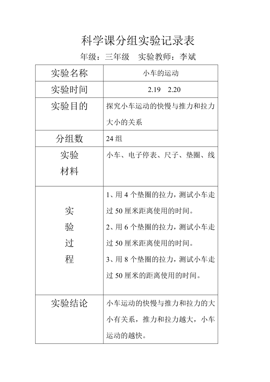 科學課分組實驗記錄表