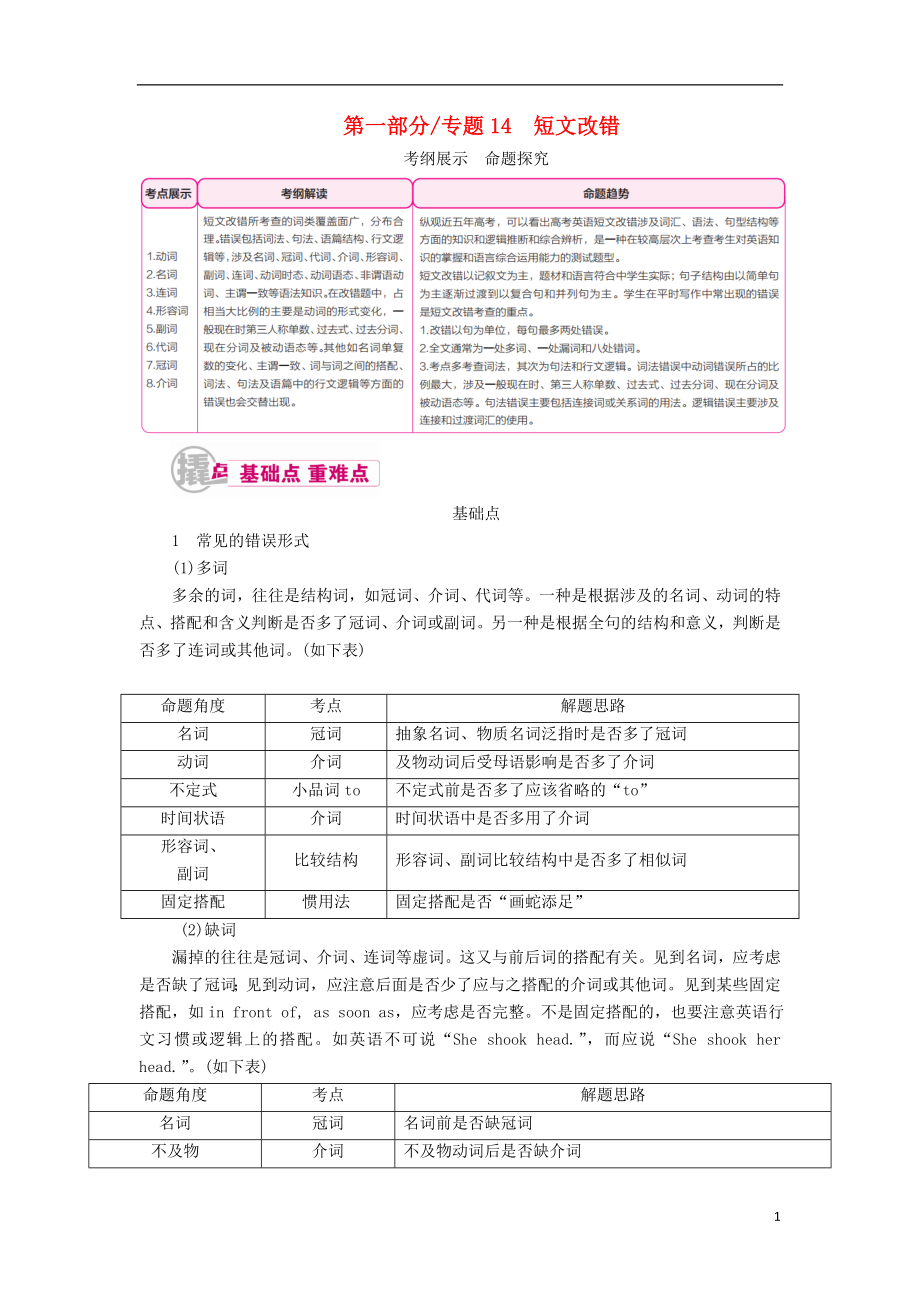 （课标通用）2017高考英语一轮复习 专题14 短文改错教学案_第1页