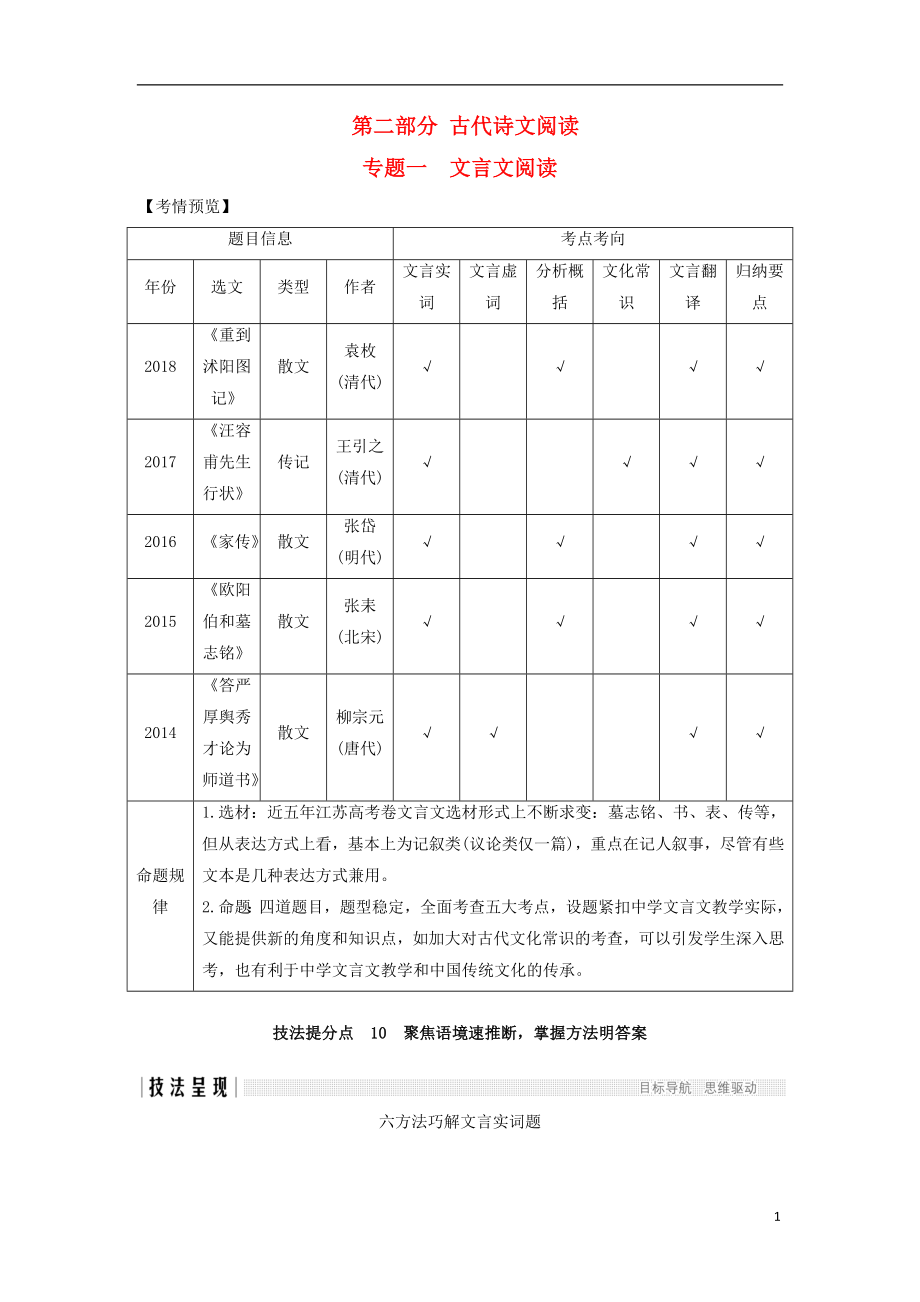 （江蘇專用）2019高考語(yǔ)文二輪培優(yōu) 第二部分 古代詩(shī)文閱讀 專題一 文言文閱讀 技法提分點(diǎn)10 聚焦語(yǔ)境速推斷掌握方法明答案_第1頁(yè)