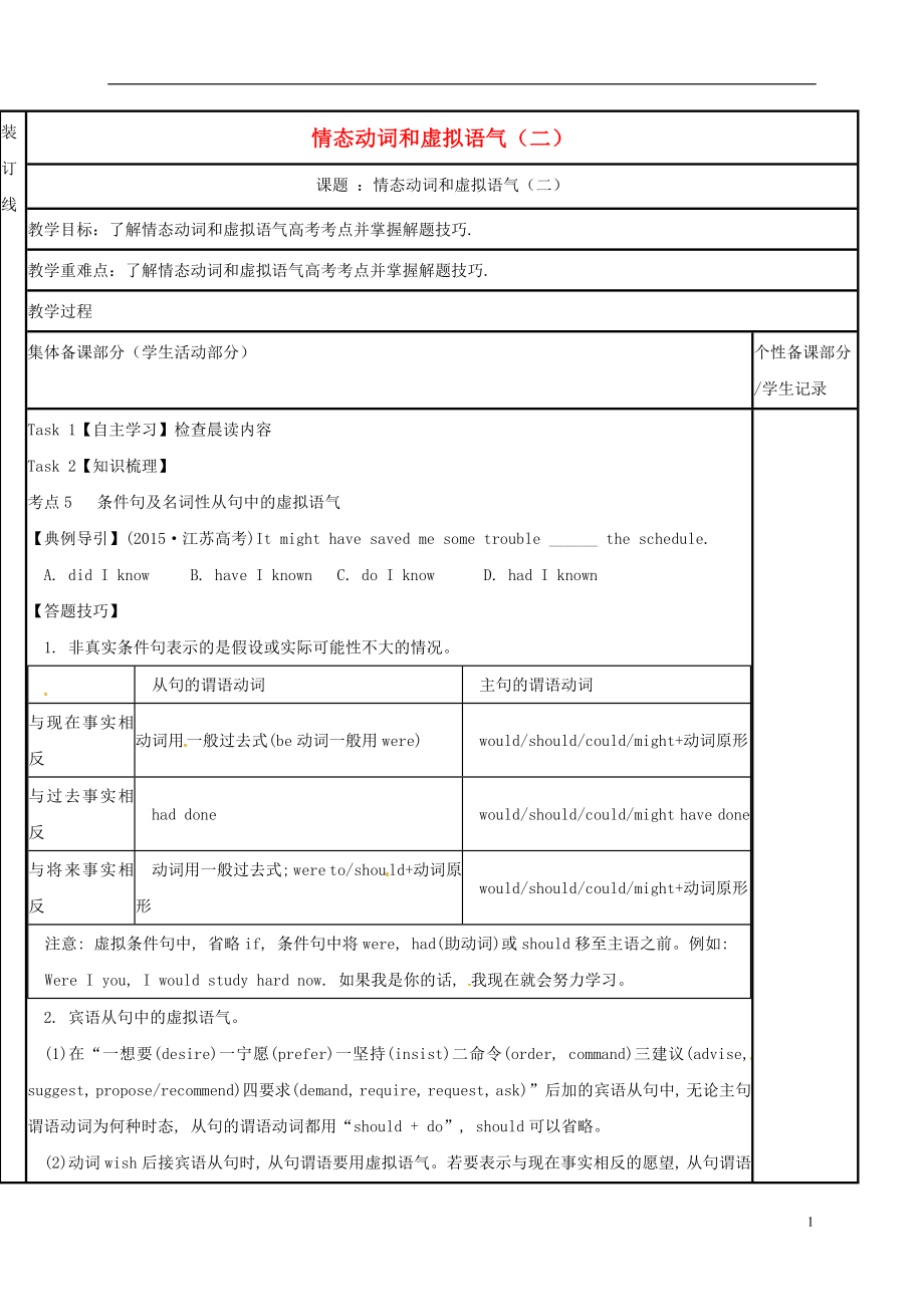 江苏省徐州市铜山县2017届高三英语二轮复习 语法专项七 情态动词和虚拟语气（二）教学案_第1页