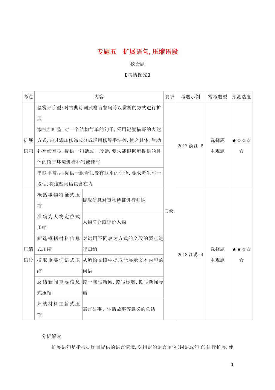 2019屆高考語(yǔ)文二輪專題復(fù)習(xí) 專題五 擴(kuò)展語(yǔ)句壓縮語(yǔ)段_第1頁(yè)