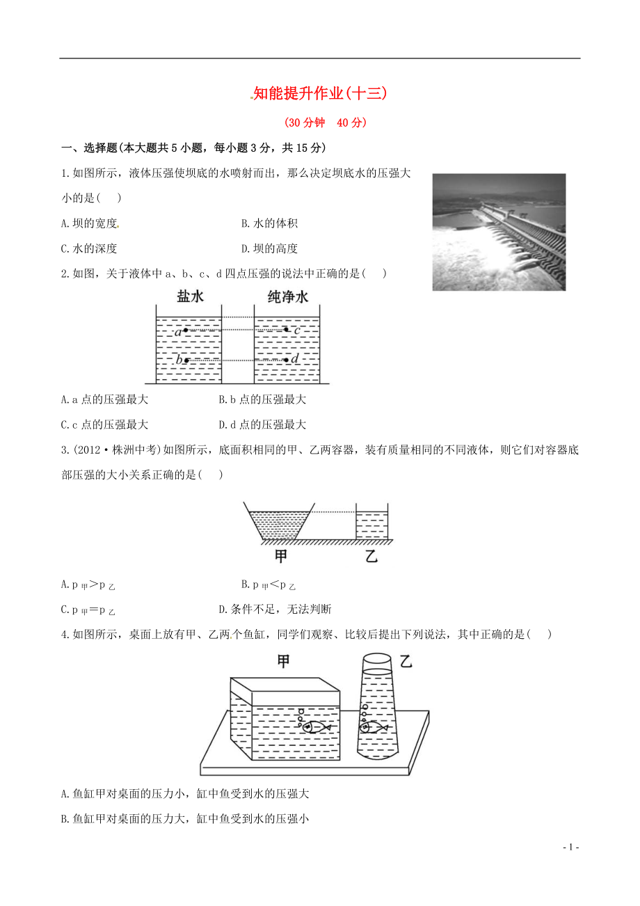 【金榜学案】12-13版八年级物理下册 知能提升作业十三 8.2 液体内部的压强精练精析 北师大版_第1页