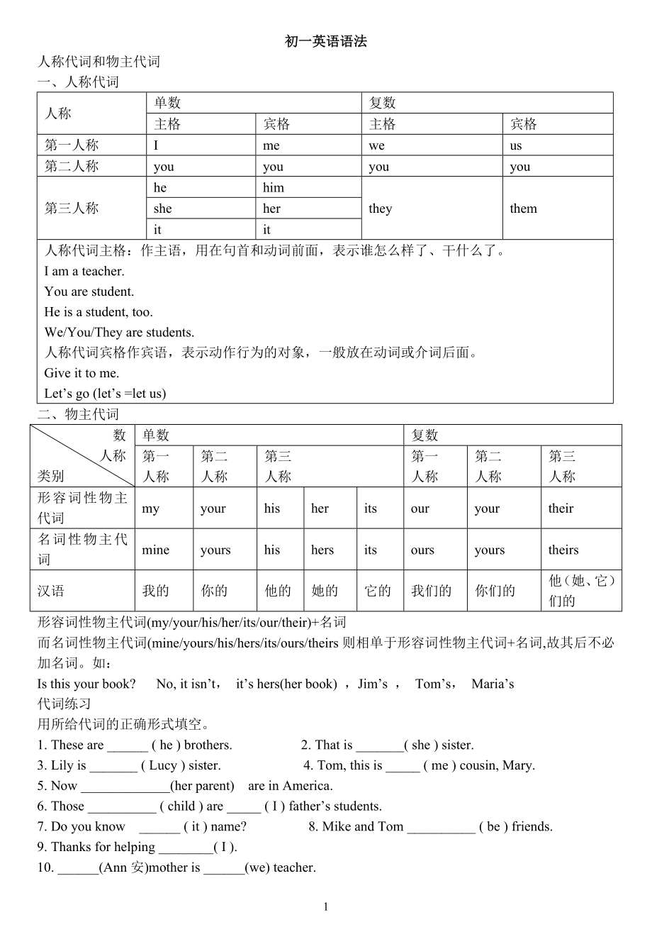 初一英语语法--人称代词和物主代词讲解练习 2_第1页