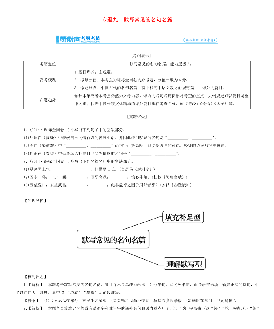 高考總動(dòng)員2016屆高考語文一輪總復(fù)習(xí) 專題9 默寫常見的名句名篇學(xué)案_第1頁