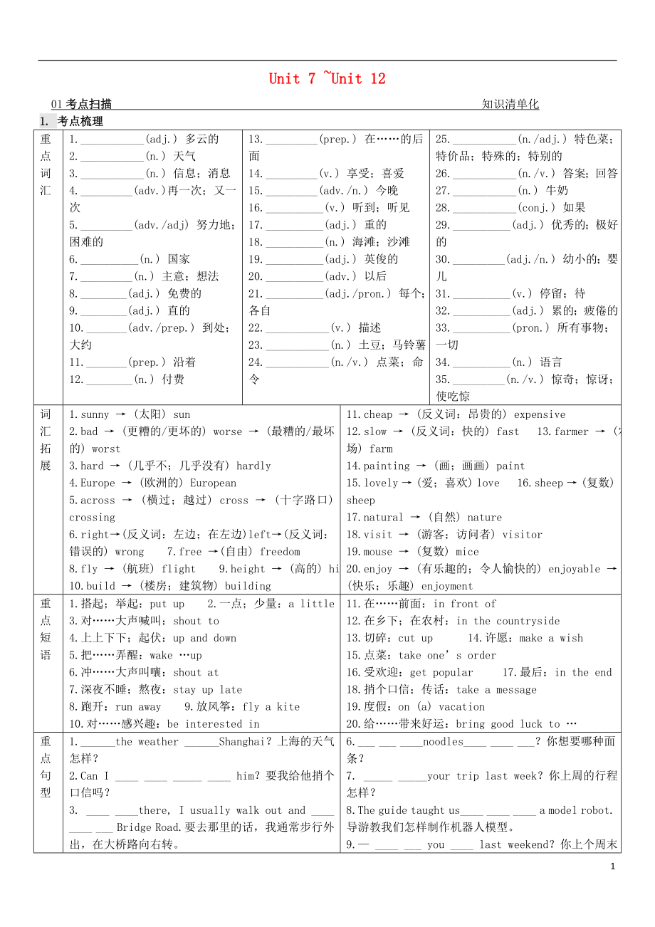 2021中考英語 第一部分 教材同步復(fù)習(xí)篇 第四課時 七下 Unit7-Unit12_第1頁