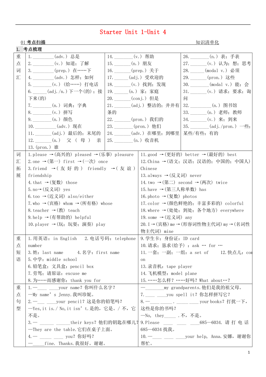 2021中考英語 第一部分 教材同步復(fù)習(xí)篇 第一課時(shí) 七上 Starter Unit1-Unit4_第1頁