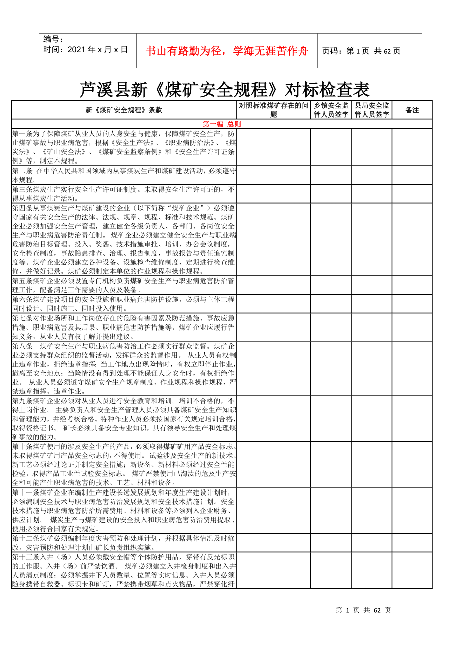 煤矿安全规程对标检查表_第1页