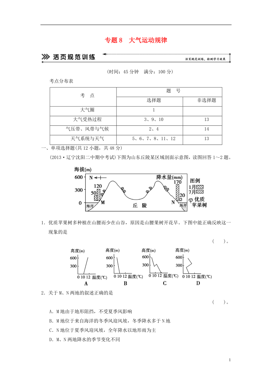 【創(chuàng)新設計 簡易通】（福建專用）2022屆高三地理二輪復習 基本技能“考學練”大沖關訓練題 專題8 大氣運動規(guī)律（含解析）_第1頁