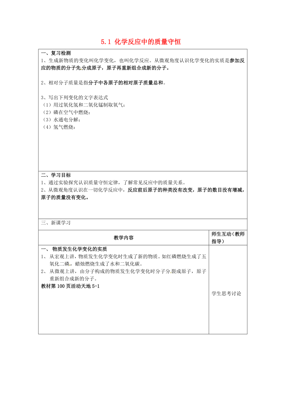 江蘇省宿遷市宿豫縣關廟鎮(zhèn)中心學校九年級化學上冊5.1化學反應中的質量守恒學案無答案新版魯教版_第1頁