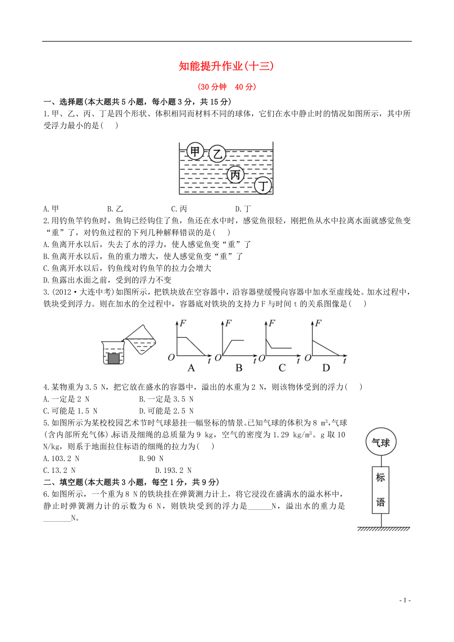 【金榜学案】12-13版八年级物理下册 知能提升作业十三 8.2 阿基米德原理精练精析 鲁教版五四制_第1页