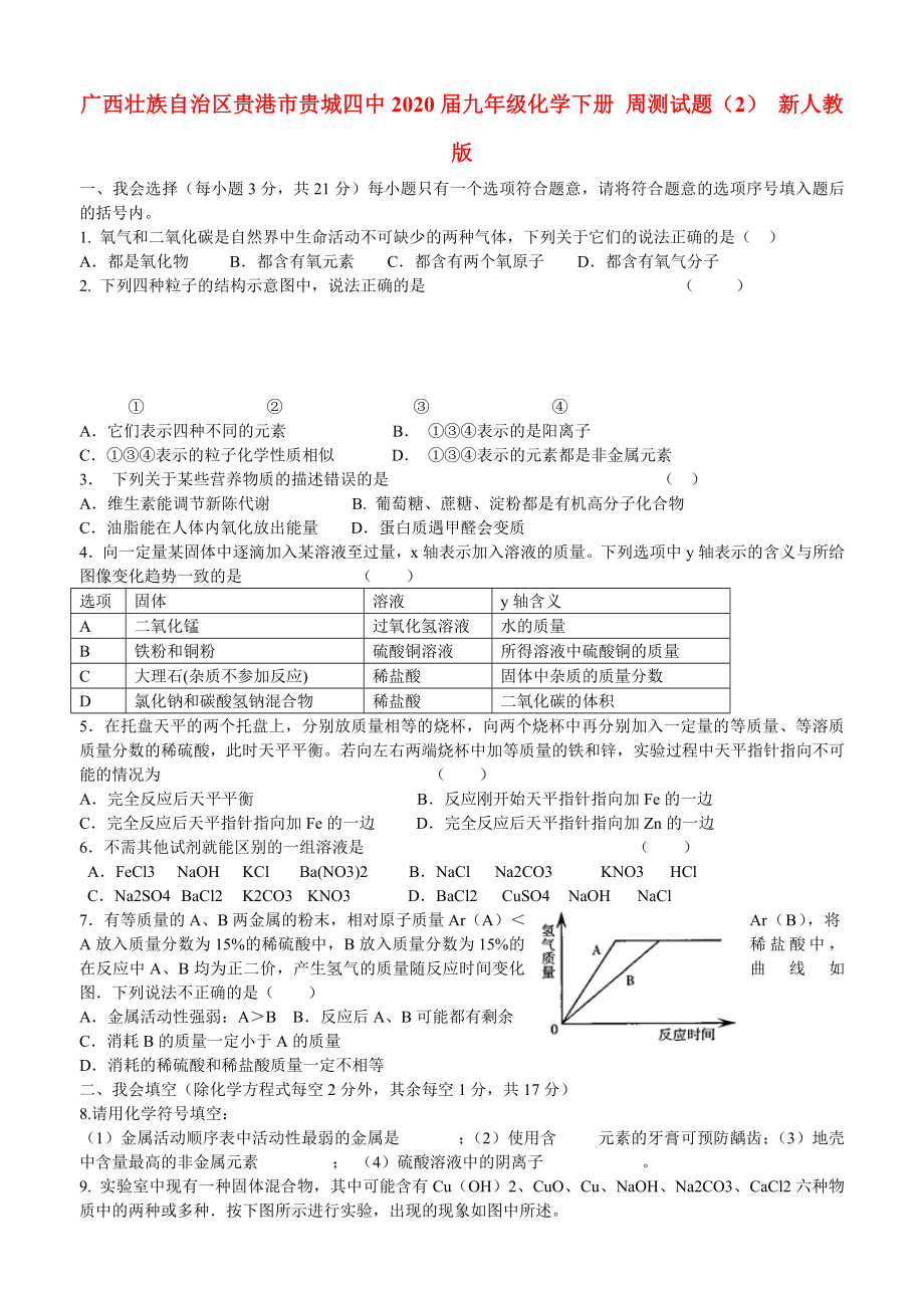 廣西壯族自治區(qū)貴港市貴城四中九年級(jí)化學(xué)下冊(cè)周測(cè)試題2無答案新人教版_第1頁