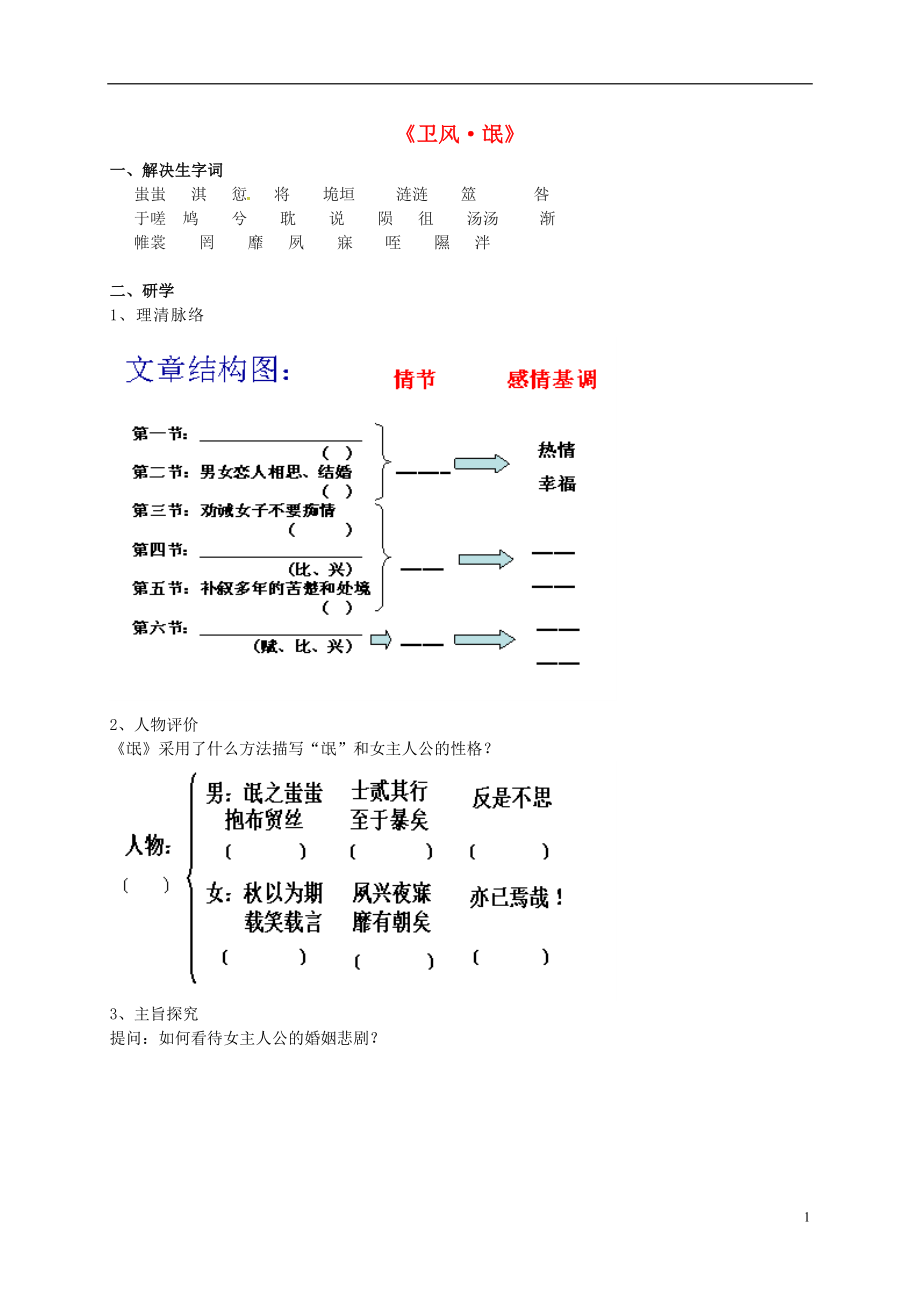 北京市延慶縣第三中學(xué)高中語文 第一單元《1 先秦詩三首》衛(wèi)風(fēng) 氓學(xué)案（無答案）北京版必修2_第1頁