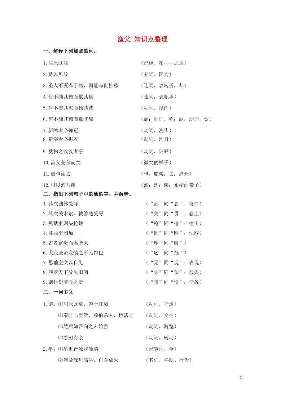 浙江省金華市云富高級中學(xué)高中語文 第三專題 漁父知識點整理 蘇教版必修5_第1頁