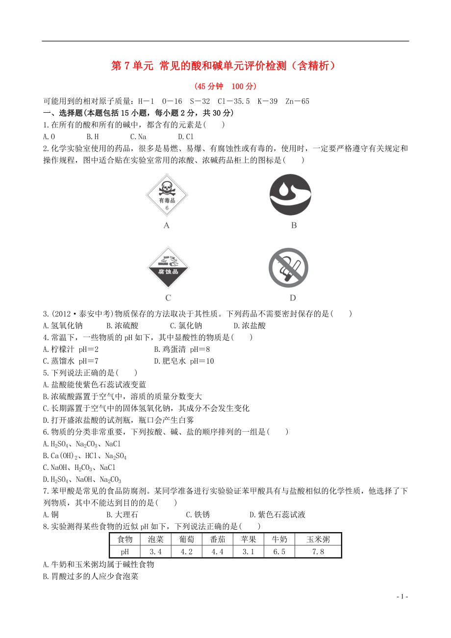 【金榜学案】2021-2021版九年级化学下册 第7单元 常见的酸和碱单元综合评价检测（含精析） （新版）鲁教版_第1页