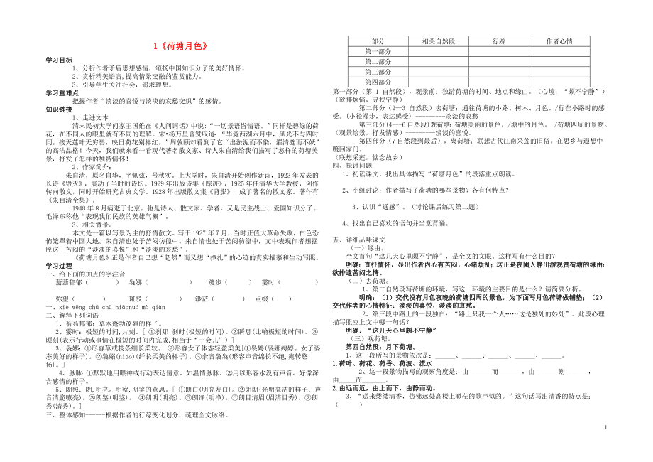 2015-2016高中語文 第一單元 第1課《荷塘月色》學案 新人教版必修2_第1頁