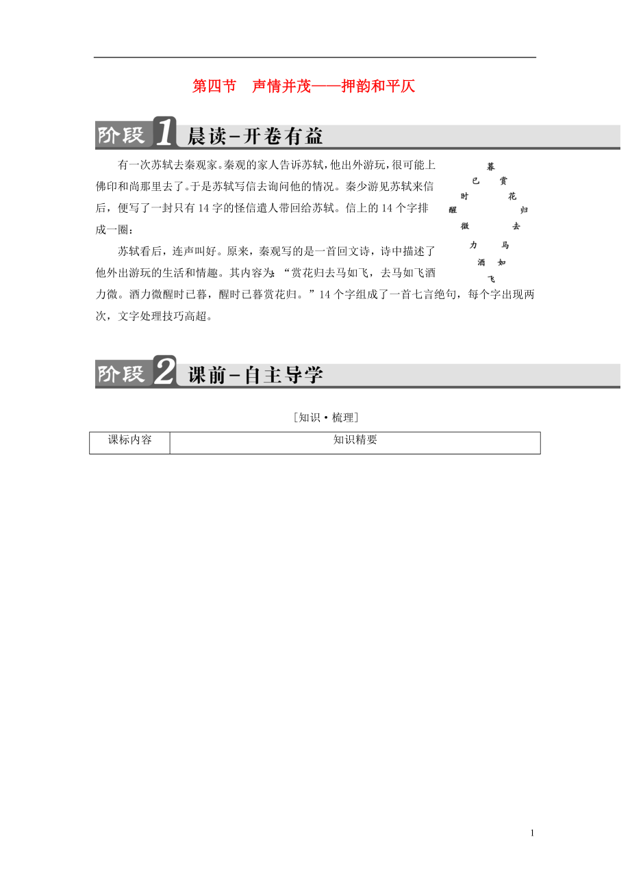 2016-2017學(xué)年高中語文 第2課 千言萬語總關(guān)音 第4節(jié) 聲情并茂-押韻和平仄講義 新人教版選修《語言文字應(yīng)用》_第1頁