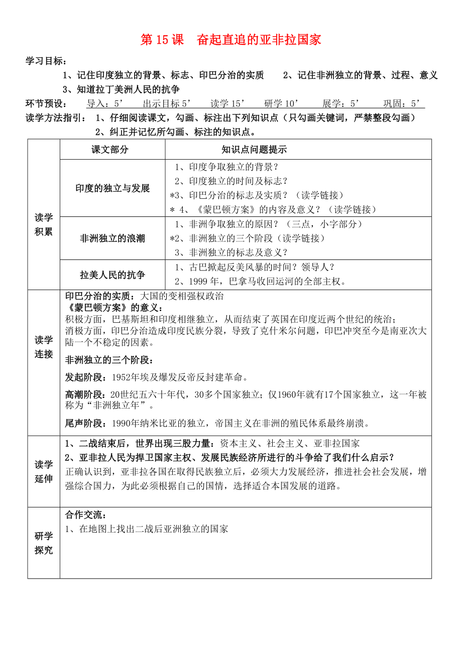 河北省石家莊市創(chuàng)新國(guó)際學(xué)校九年級(jí)歷史下冊(cè)第四單元第15課奮起直追的亞非拉國(guó)家學(xué)案冀教版_第1頁(yè)