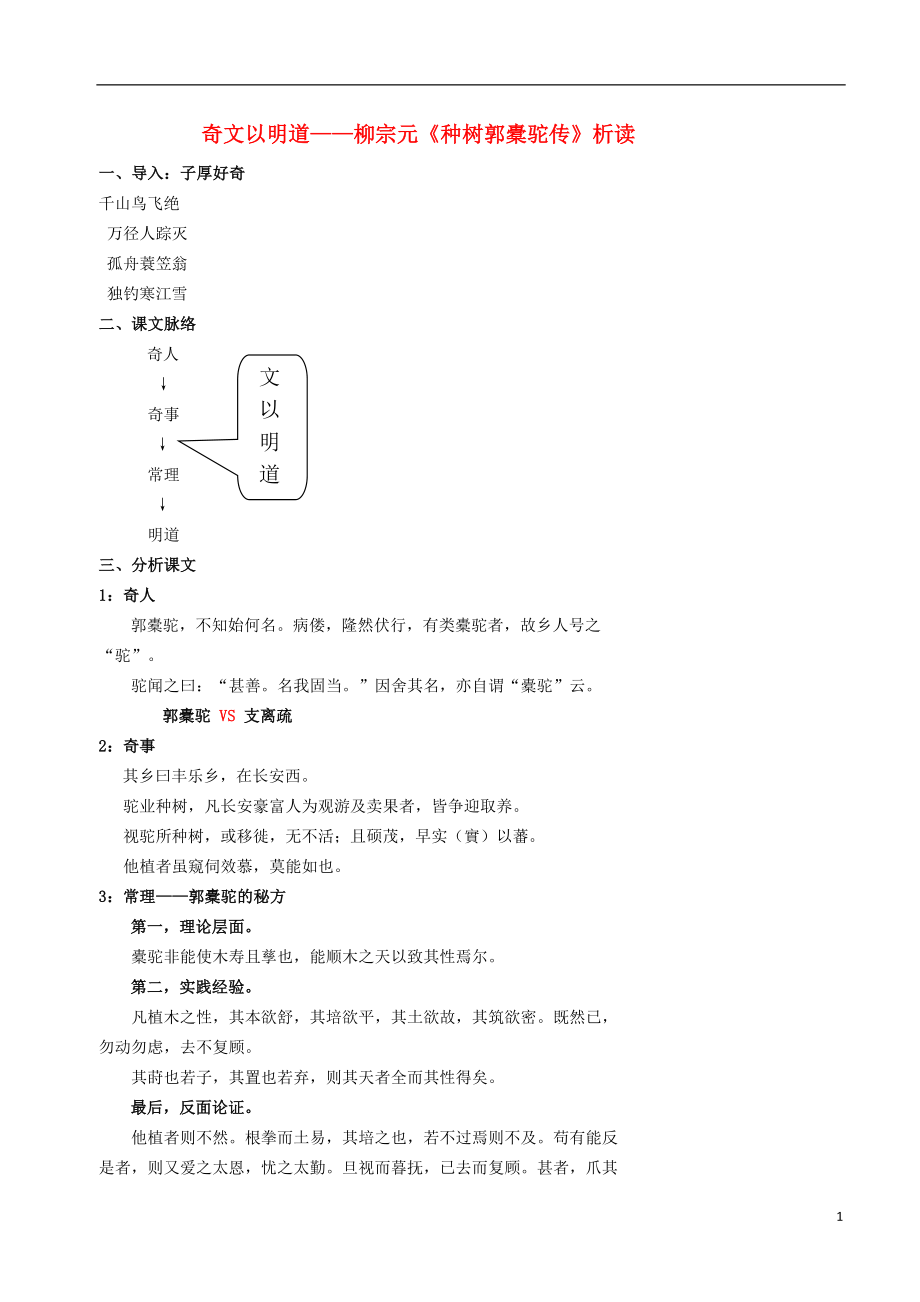 北京市高中語文 散文之部 奇文以明道 柳宗元《種樹郭橐駝傳》析讀學(xué)案 新人教版選修《中國古代詩歌散文欣賞》_第1頁