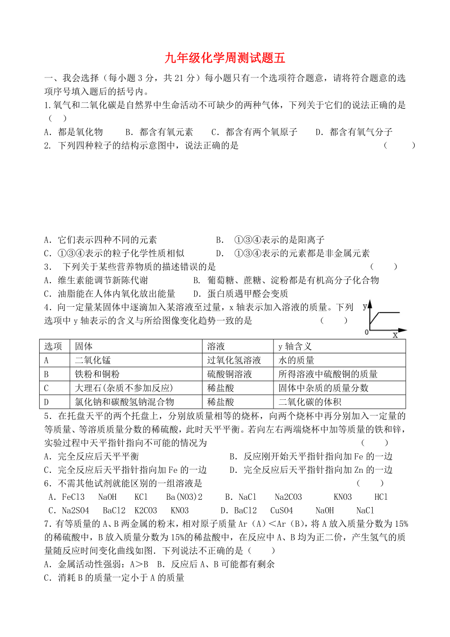 廣西壯族自治區(qū)貴港市貴城四中九年級化學(xué)周測試題五無答案新人教版_第1頁