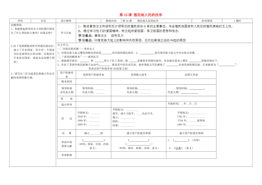 湖南省浏阳市大瑶镇大瑶初级中学九年级历史上册第16课殖民地人民的抗争学案无答案新人教版_第1页